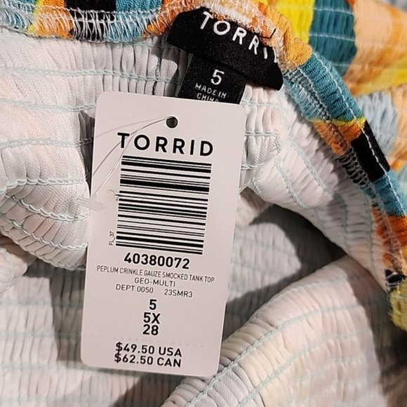 Torrid - Peplum Washable Crinkle Gauze Smocked Tank Top in Geo-Multi - Picture 7 of 13